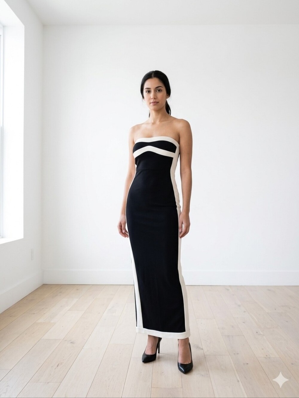Selfie Leslie Black and Cream Strapless Maxi Dress